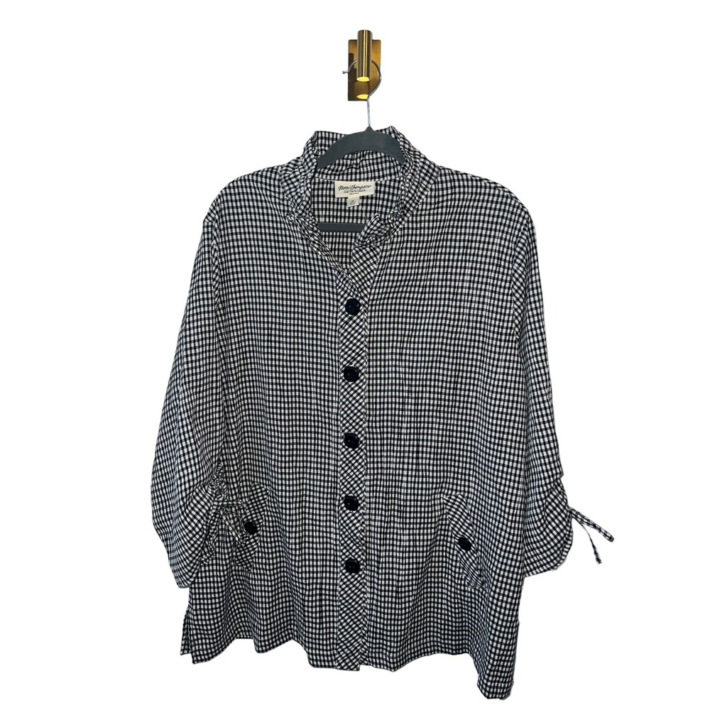 Gingham Checkered Black & White Button Front Top Lagenlook Cinch Sleeve XL